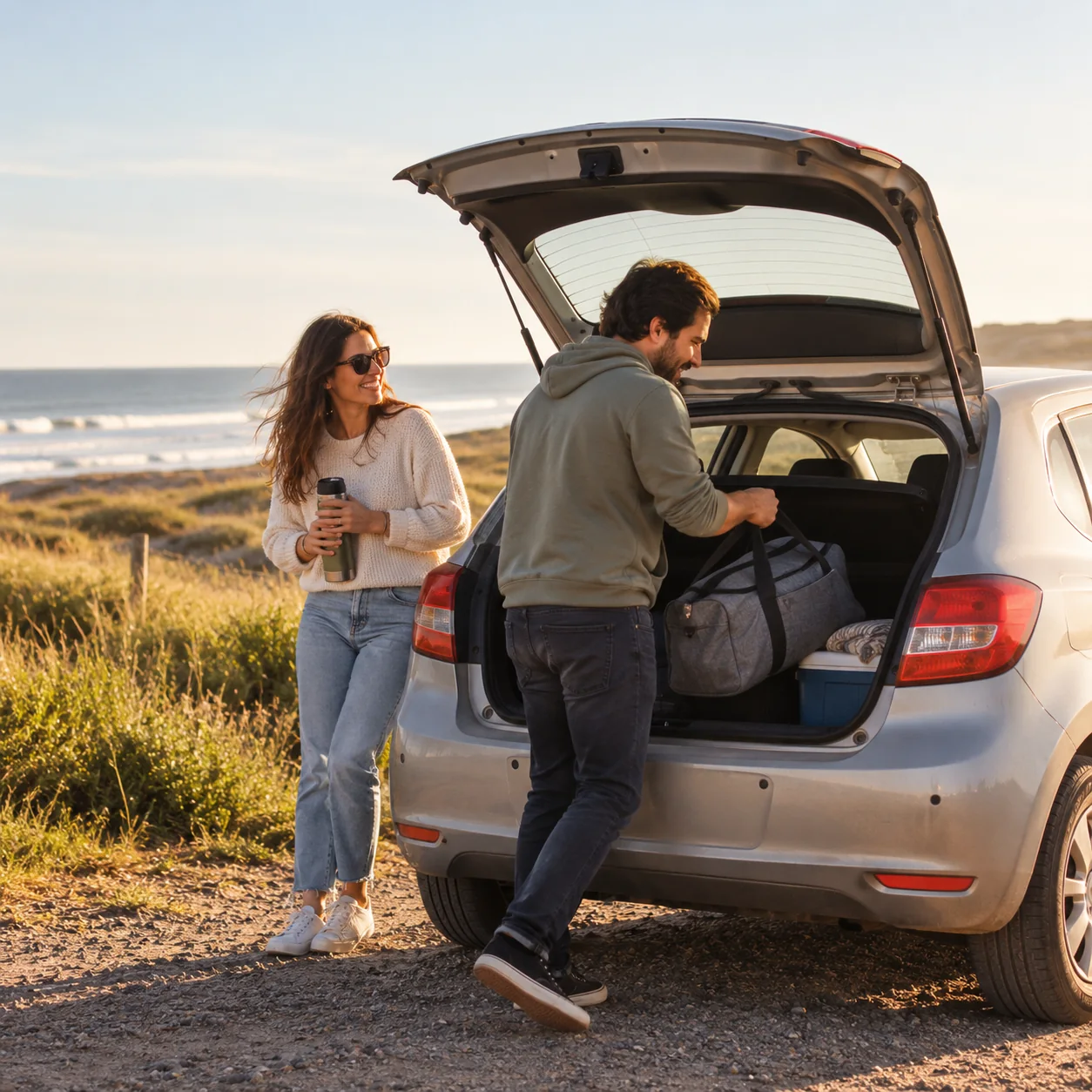 Dos personas preparan un viaje junto al baúl de un auto